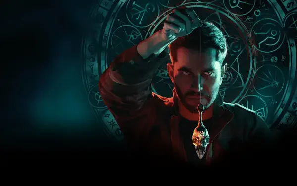 4K Ultra HD PC desktop wallpaper/background: video game occultist holds a suspended skull amulet before a glowing occult sigil, teal-and-red cinematic lighting and a shadowed face.