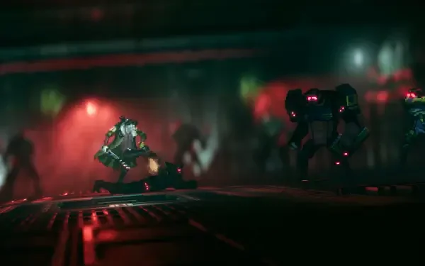 2K Quad HD PC desktop wallpaper: cinematic video game scene Replaced — armored soldier vaults past a glowing mech in a dark, red-green industrial corridor.