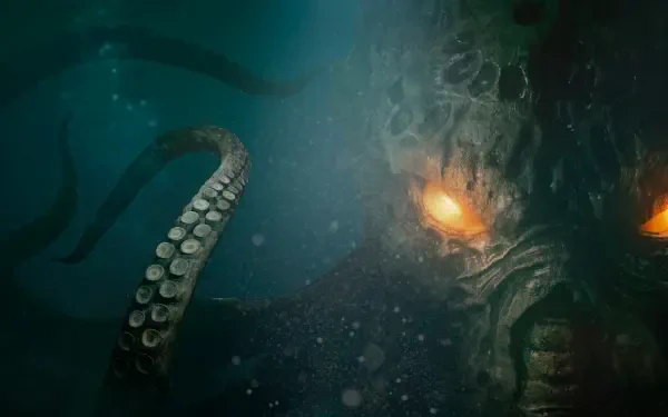 4K Ultra HD PC desktop wallpaper from video game Cthulhu: The Cosmic Abyss — glowing-eyed Cthulhu emerging from the dark ocean as massive kraken tentacles coil around it.