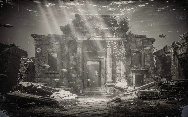 4K Ultra HD PC desktop wallpaper: atmospheric underwater ruins — ancient stone entrance, broken columns and scattered debris lit by shafts of sunlight, fish drifting through murky water.
