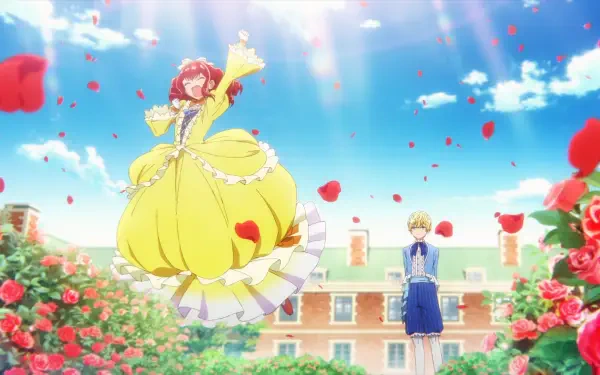 HD PC desktop wallpaper of An Observation Log of My Fiancée Who Calls Herself a Villainess: Bertia Ibil Noches in a yellow gown and Cecil Glo Alphasta amid rose petals.