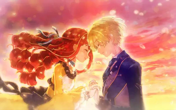 Anime HD desktop wallpaper from An Observation Log of My Fiancée Who Calls Herself a Villainess: Bertia Ibil Noches and Cecil Glo Alphasta touch foreheads and hold hands against a glowing sunset.