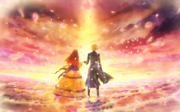 HD PC wallpaper: Bertia Ibil Noches and Cecil Glo Alphasta from the anime An Observation Log of My Fiancée Who Calls Herself a Villainess walk hand in hand toward a glowing sunset over a shimmering sea.