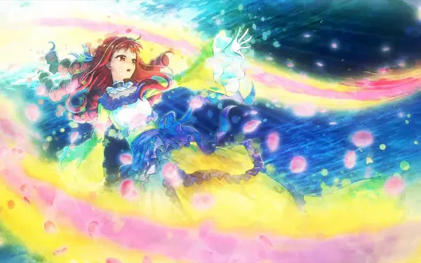 HD anime desktop wallpaper of Bertia Ibil Noches (An Observation Log of My Fiancée Who Calls Herself a Villainess): floating amid rainbow light trails, starry night sky, petals and a flowing gown.