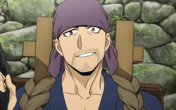 Anime HD PC desktop wallpaper from Daemons of the Shadow Realm — grinning, bearded man in a purple headscarf with braided hair and blue robe, set against a mossy stone wall background.