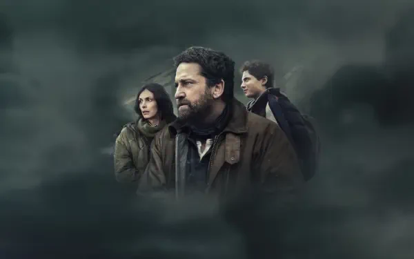 Greenland 2: Migration — three people emerge from dark, stormy mist with tense expressions; cinematic 4K Ultra HD PC desktop wallpaper and background.
