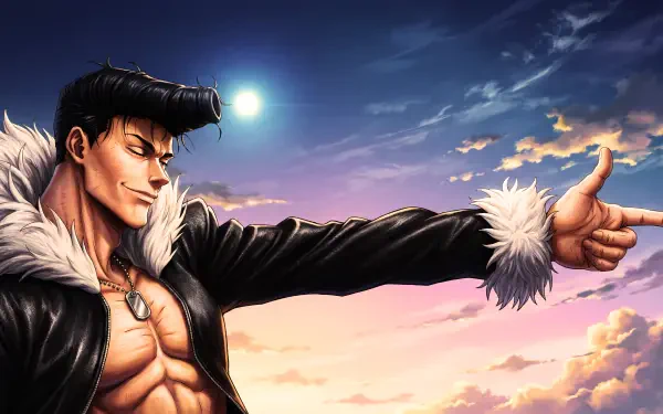 5K Ultra HD PC wallpaper of Ryu Ishigori from Jujutsu Kaisen 3rd Season — anime sorcerer with pompadour, open fur-lined jacket, pointing against a dramatic sunset sky.