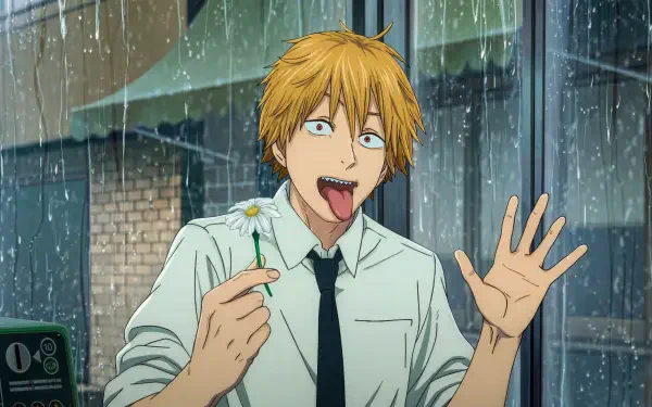 Chainsaw Man's Denji in shirt and tie, tongue out and waving while holding a daisy in the rain — funny anime 5K Ultra HD PC desktop wallpaper/background.