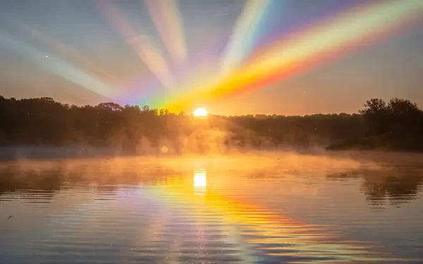 4K Ultra HD PC desktop wallpaper and background: sunrise over a misty lake, golden sun and rainbow-like rays fanning across the sky, reflected in calm water with a silhouetted treeline.