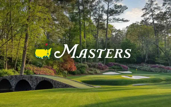 4K Ultra HD PC desktop wallpaper and background featuring The Masters sports logo over a sunlit golf course — arched stone bridge, manicured fairway and azaleas.