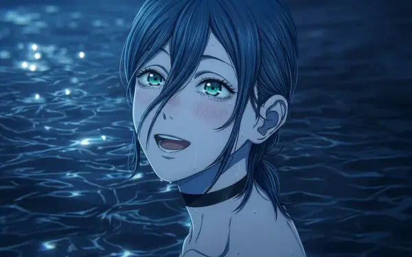 Reze (Chainsaw Man) smiling in a moonlit pool, teal eyes glistening — 5K Ultra HD anime girl desktop wallpaper.