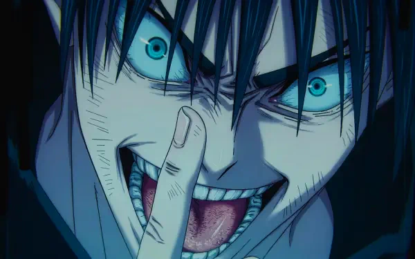 Megumi Fushiguro (Jujutsu Kaisen 3rd Season) close-up with a manic grin and glowing blue eyes, finger to lips — anime 5K Ultra HD PC desktop wallpaper/background.