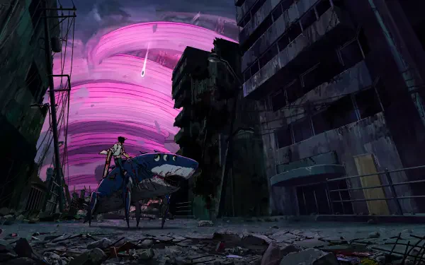 Chainsaw Man scene: Beam (Chainsaw Man) beside the protagonist as a swirling typhoon-devil whirlwind tears through a ruined city — 5K Ultra HD anime PC desktop wallpaper/background.