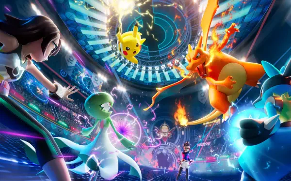 4K Ultra HD video game wallpaper: Pikachu and Charizard clash mid-air with trainers and other Pokémon in a glowing Pokémon Champions stadium, dynamic battle scene for PC desktop.