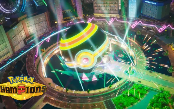 HD PC desktop wallpaper and background of the Pokémon Champions video game: a neon stadium shaped like a glowing Poké Ball unleashing energy beams over a futuristic cityscape.
