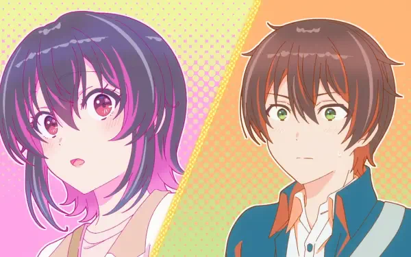 HD anime desktop wallpaper from I Made Friends with the Second Prettiest Girl in My Class, showing Umi Asanagi (purple-haired) and Maki Maehara (brown-haired) side-by-side on a pastel split background.