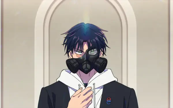 HD PC desktop anime wallpaper by Hikaru Gero showing Mei Kinosaki from Marriagetoxin: dark-haired figure in a gas mask and hoodie, hand to chest beneath a pale arched background.