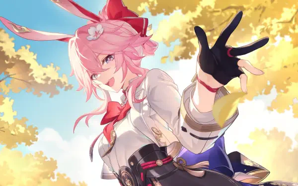 HD PC desktop wallpaper of Evanescia from Honkai: Star Rail, pink-haired and smiling, reaching out in a white-and-red outfit against a glowing golden autumn sky.