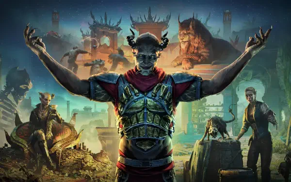 4K Ultra HD PC desktop wallpaper: The Elder Scrolls Online scene featuring a horned demon-like monster in armor with arms raised, surrounded by other monsters and a ruined landscape.