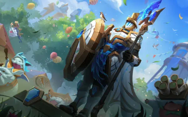 8K Ultra HD PC desktop wallpaper of Pantheon (League of Legends) from mobile game League of Legends: Wild Rift — armored hero with spear and shield amid a bright, festive outdoor scene.