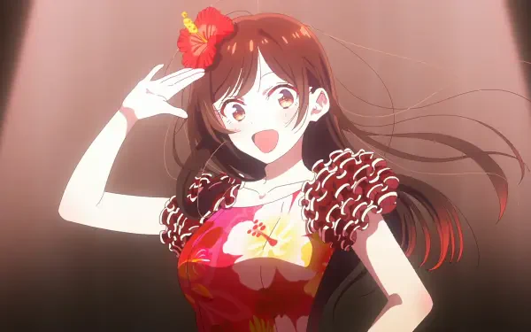 Anime HD PC wallpaper of Chizuru Ichinose (Rent-A-Girlfriend), smiling and waving in a red floral dress with a flower hairpin under warm, spotlighted stage lighting.