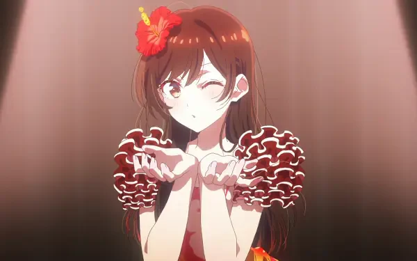 HD PC desktop wallpaper of Chizuru Ichinose (Rent-A-Girlfriend): anime portrait winking and blowing a kiss, wearing a ruffled red dress and a flower hair accessory.