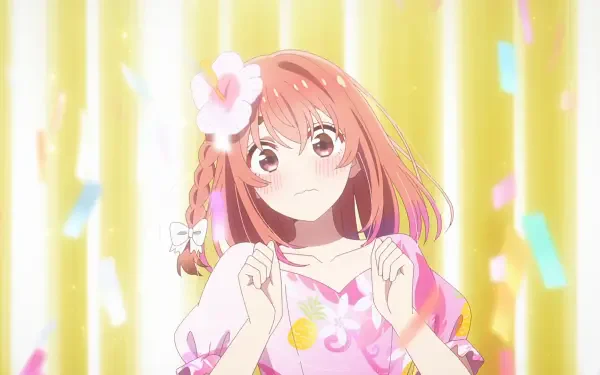 HD anime desktop wallpaper of Sumi Sakurasawa from Rent-A-Girlfriend, blushing in a pink floral dress with braided hair and pastel confetti against a glowing golden backdrop.