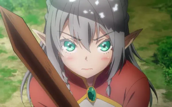 HD PC desktop wallpaper: anime portrait of Tessia Eralith from The Beginning After the End, fierce stare with green eyes, braided silver hair, gripping a wooden sword.