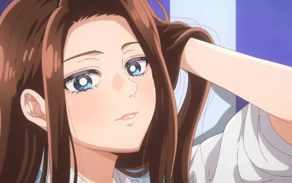 HD anime desktop wallpaper of Kei Amane from Gals Can't Be Kind to Otaku!? — close-up of a blue-eyed, long brown-haired girl brushing her hair back with a soft smile.