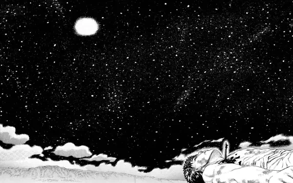 Black-and-white manga-style HD PC desktop wallpaper of Guts (Berserk) lying beneath a moonlit starfield, anime background with clouds and dramatic inked contrast.