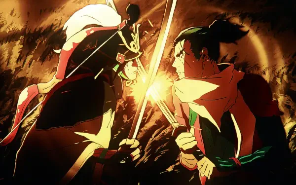 Anime HD PC wallpaper: Sekiro from Sekiro: No Defeat duels an armored foe, swords clashing with sparks and a dramatic fiery backlight.