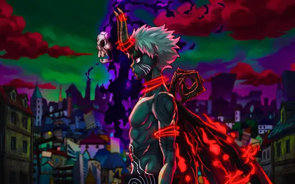 5K Ultra HD PC desktop wallpaper: anime crossover of Fire Force and Soul Eater featuring Shinra Kusakabe facing the towering Lord Death over a neon-red, war-torn cityscape.