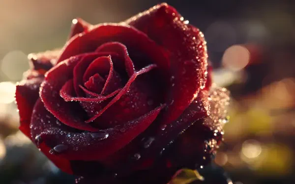 Close-up floral red rose glistening with dew drops against rich bokeh — 2K Quad HD PC desktop wallpaper and background.