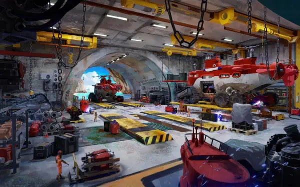 Digital art sci‑fi maintenance base workshop — 2K Quad HD PC desktop wallpaper/background showing a busy arched hangar with cranes, service platforms, vehicles and technicians.