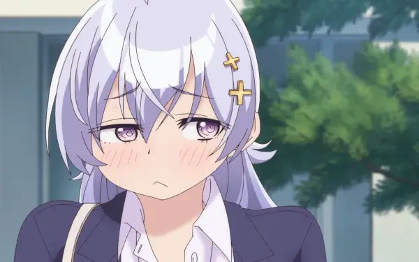 HD PC wallpaper of Hiyori Hiwamura (Yowayowa Sensei): lavender-haired anime girl blushing in a school uniform with star hairpins, soft outdoor background