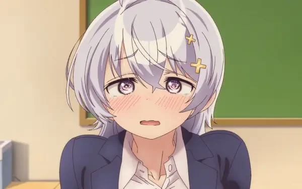 HD anime desktop wallpaper of Hiyori Hiwamura (Yowayowa Sensei) — blushing with short silver hair and star clips, wearing a blazer and open shirt, flustered expression in a classroom.