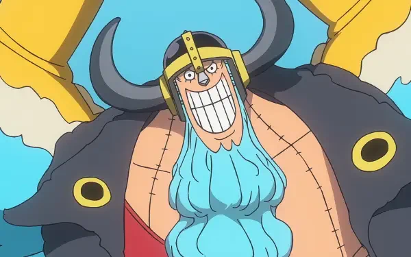 Anime One Piece HD PC desktop wallpaper featuring Franky, a grinning cyborg with blue beard, horned helmet and bulky mechanical shoulders set against a bright sky.
