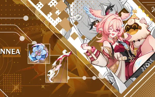 4K Ultra HD PC desktop wallpaper of Linnea from the video game Genshin Impact: pink-haired, fox-eared character in ornate outfit against a stylized golden geometric background.