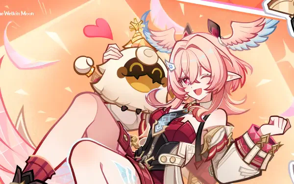2K Quad HD PC desktop wallpaper of Linnea (Genshin Impact) from the video game, smiling and hugging a round mascot plush amid warm pastel-orange tones and floating hearts.