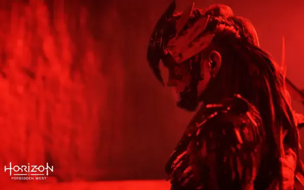 Horizon Forbidden West video game 4K Ultra HD PC desktop wallpaper background: red‑lit armored figure in a horned helmet, side profile against a textured crimson backdrop.