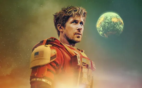 4K Ultra HD PC desktop wallpaper from the movie Project Hail Mary: a lead actor in an orange spacesuit gazes toward a distant green planet against a hazy, star-speckled space backdrop.