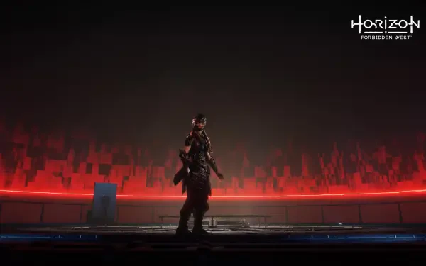 4K Ultra HD PC desktop wallpaper — Horizon Zero Dawn: lone armored hunter silhouetted on a platform against a glowing red cityscape.