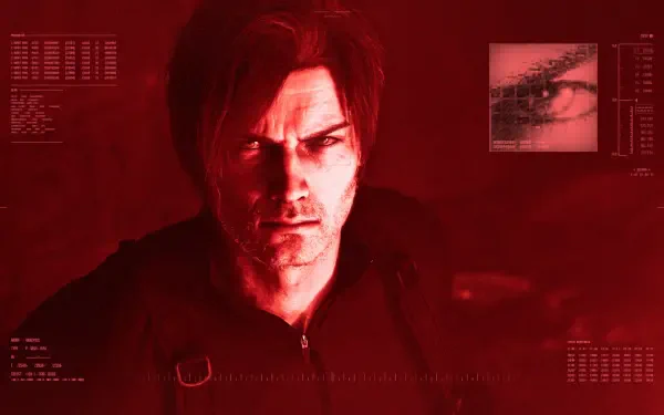 Resident Evil Requiem — Leon S. Kennedy red-tinted close-up with HUD overlays. 2K Quad HD PC desktop wallpaper/background.