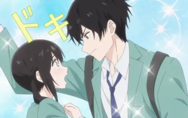 Anime HD PC desktop wallpaper of Miku Sakura and Yukiya Asagi from I Want to End this Love Game: the two gaze intimately in school uniforms against a sparkling blue background.