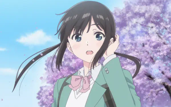 HD PC desktop wallpaper: anime character Miku Sakura from I Want to End this Love Game, in school uniform with pink ribbon, surprised expression amid blooming cherry blossoms.