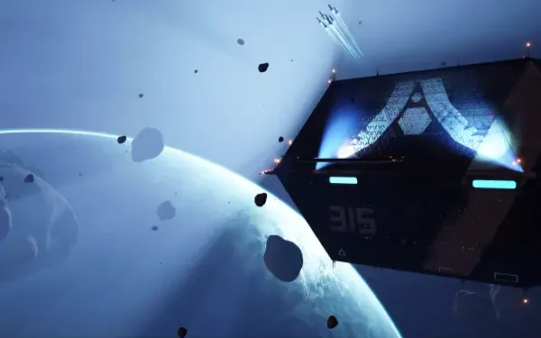 Homeworld video game 2K Quad HD PC desktop wallpaper/background: a capital ship with glowing thrusters approaches a pale planet amid drifting asteroids and streaking fighters.