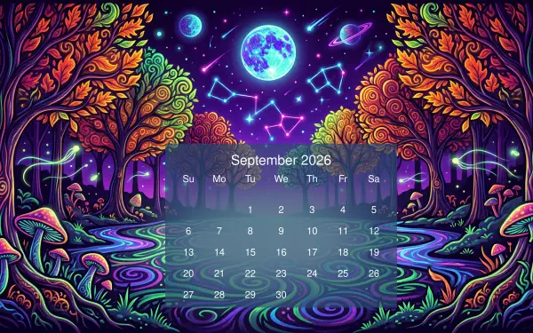 Vivid psychedelic forest and mushroom scene under a glowing moon and constellations with an overlaid September 2026 calendar — 5K Ultra HD PC desktop wallpaper/background.