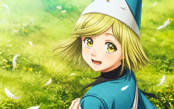 Coco from Witch Hat Atelier smiling in a sunlit meadow, cute anime witch girl in blue hat and cloak — fantasy portrait, 5K Ultra HD PC desktop wallpaper and background.