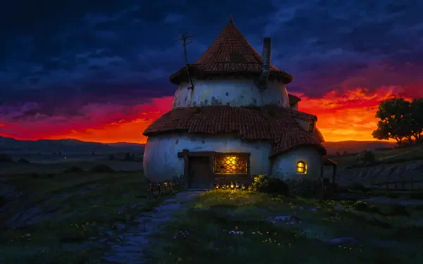Witch Hat Atelier–style anime cottagecore scene: warm-lit round house with wildflowers, sitting on a hill as a fantasy sunset floods rolling hills — 5K Ultra HD PC desktop wallpaper.