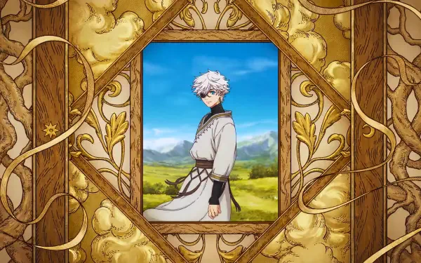 5K Ultra HD anime portrait (Witch Hat Atelier) of a white‑haired witch in a sunlit meadow, framed by ornate golden vines — fantasy PC desktop wallpaper.